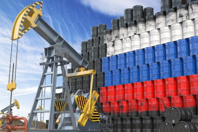 Plataformas petroleras rusas con gráfico de aumento del precio del petróleo por conflicto en Medio Oriente