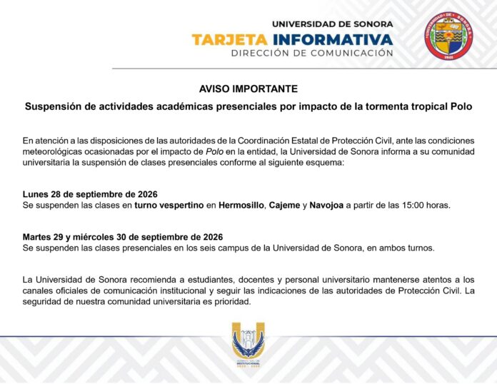 Universidad de Sonora suspende clases presenciales por tormenta Polo