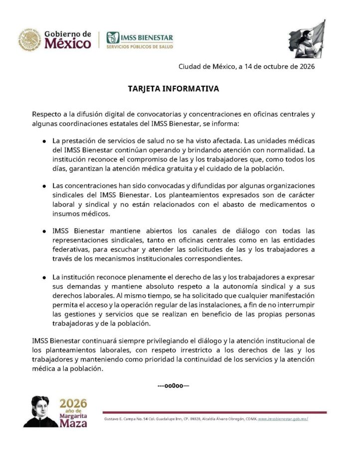 IMSS-Bienestar informa sobre atención médica durante protestas sindicales