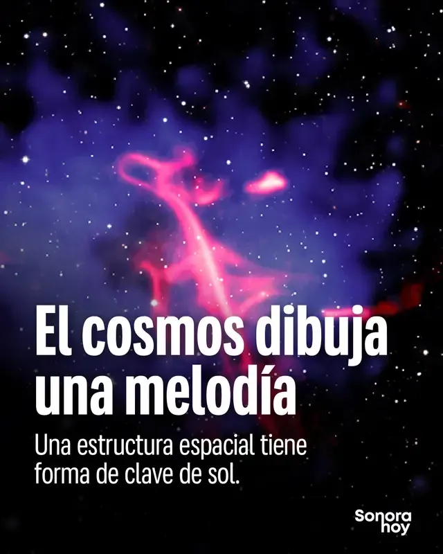 🌌 Parece un símbolo musical dibujado entre las galaxias. La imagen muestra una estructura conocida como “clave de sol”. Los científicos relacionan su origen con un agujero negro y una colisión entre enormes grupos de galaxias. Su nombre viene de la forma que vemos, no de una melodía detectada. ¿También encuentras el parecido? #Universo #Astronomía #Ciencia #SonoraHoy